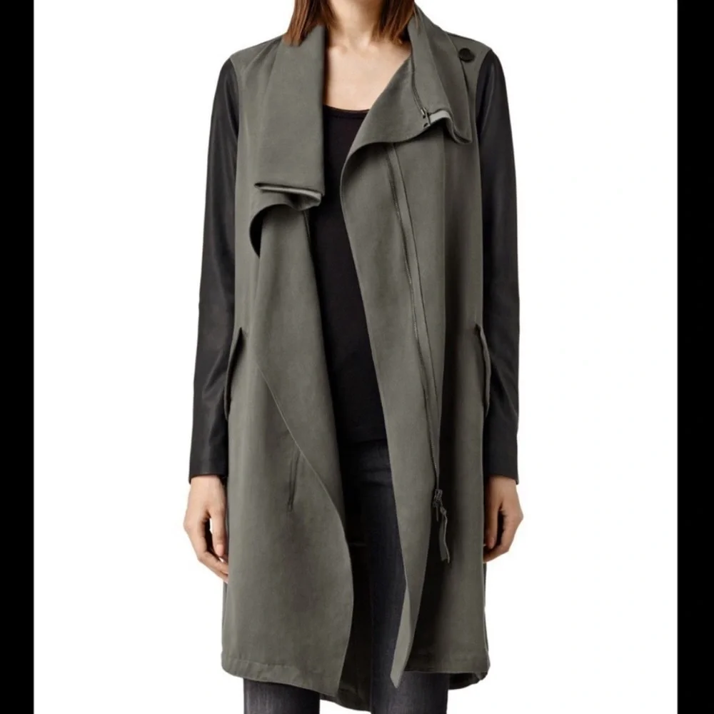 Allsaints Luna Parka Jacket Lamb Leather Sleeves Zip‎ Up Soft Minimalist Muted